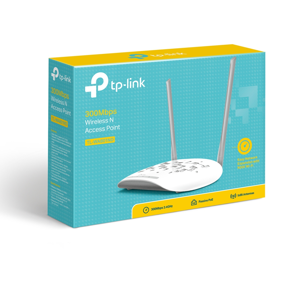 TP-Link WLAN-Router-Box. Weißer Router innen, mit zwei Antennen. Blauer und gelber Text.