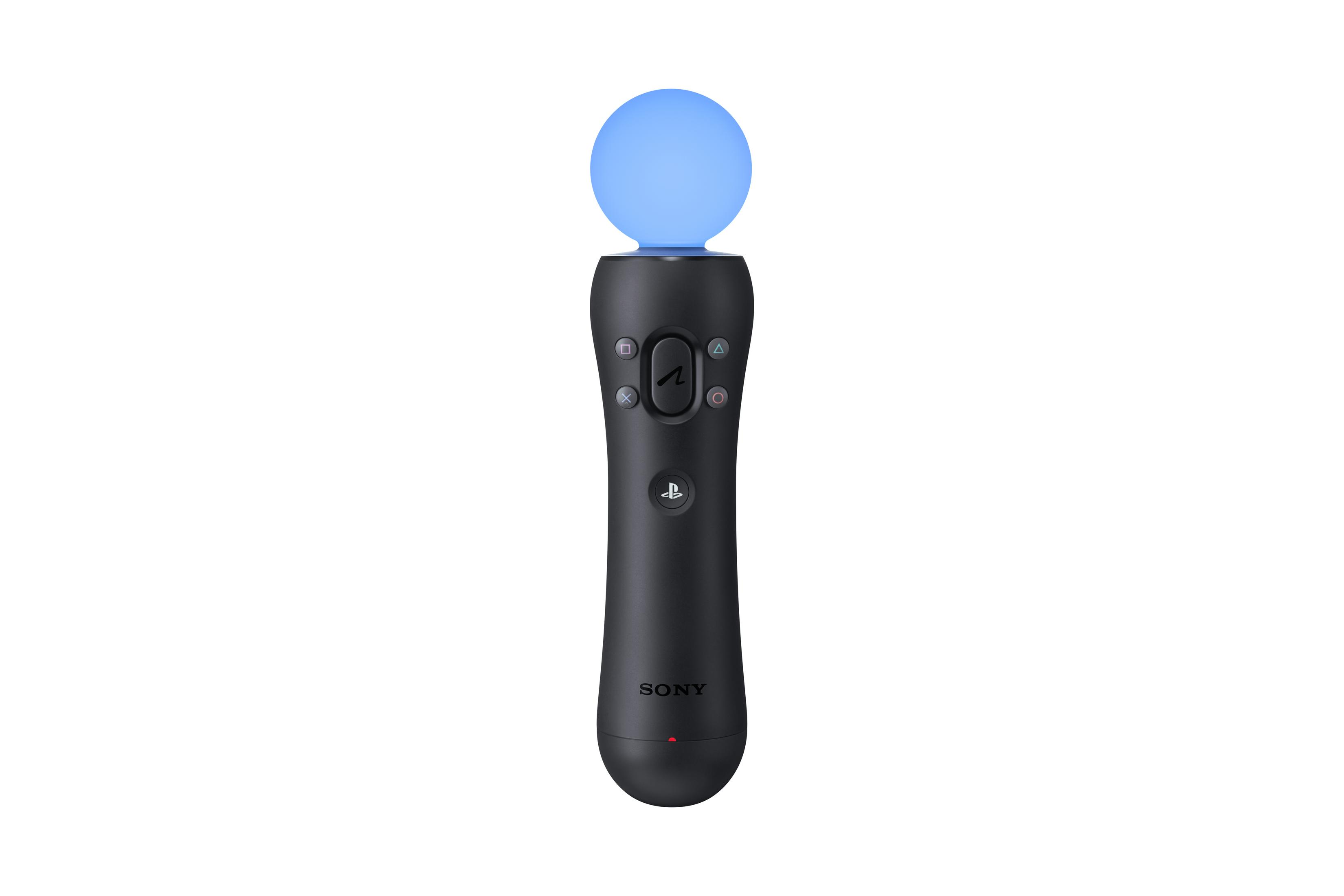 Ein schwarzer Sony PlayStation Move Motion Controller mit einer blau leuchtenden Kugel oben.