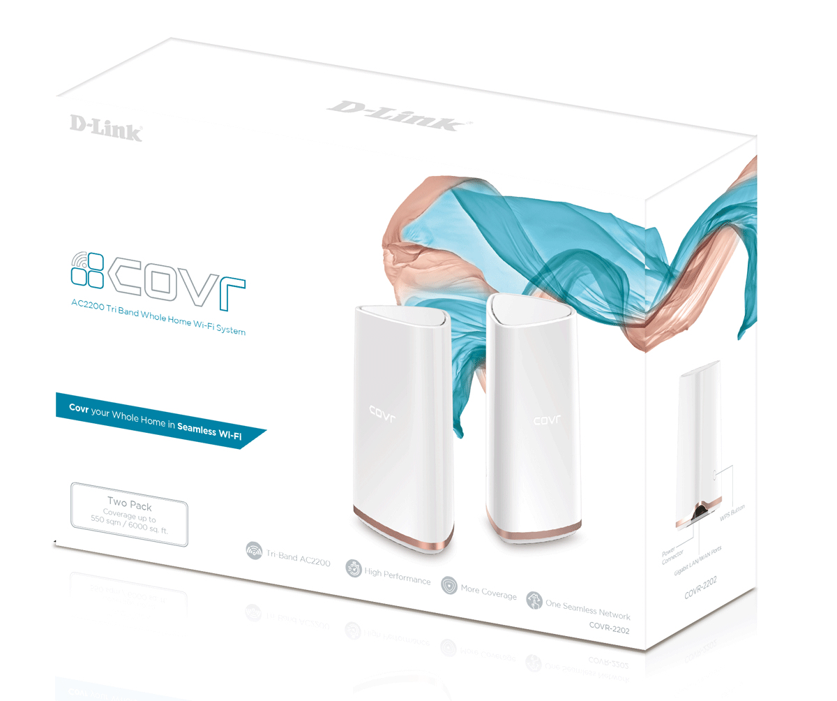Una caja D-Link que contiene dos unidades Wi-Fi COVR blancas, con una etiqueta descriptiva.