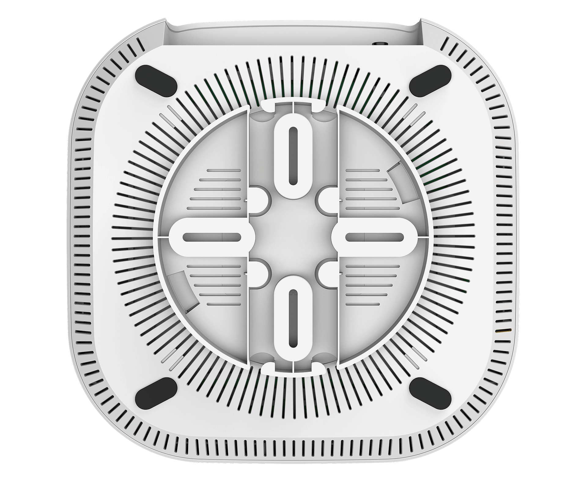 Widok od spodu białego routera WiFi, z otworami wentylacyjnymi i czterema czarnymi gumowymi nóżkami.