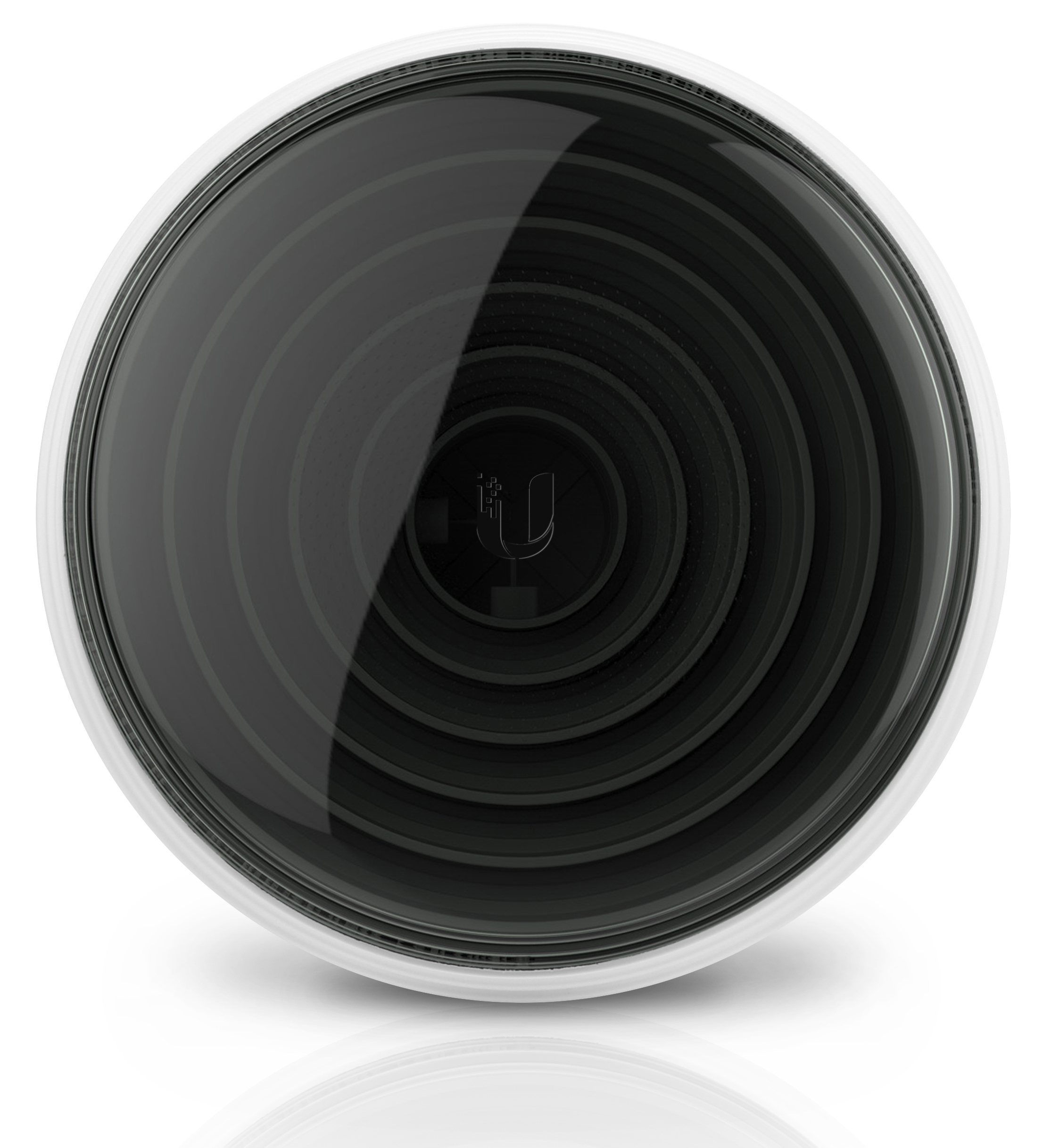 Czarna, okrągła kamera bezpieczeństwa z białą ramką. Obiektyw jest czarny i ma koncentryczne pierścienie.