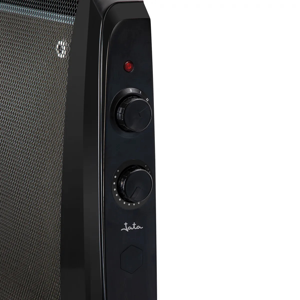 Czarny grzejnik elektryczny z pokrętłami do temperatury i ustawień oraz czerwonym światłem.