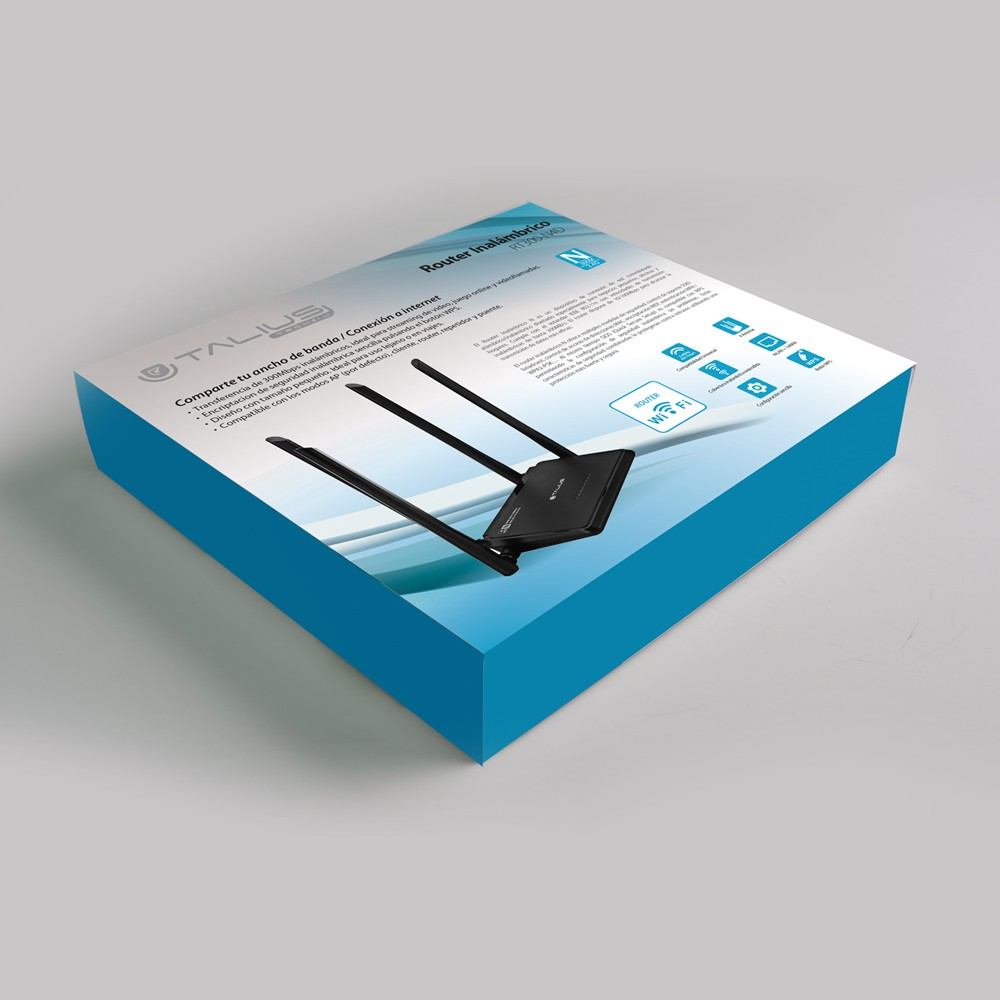 Router bezprzewodowy na niebieskiej powierzchni, z pudełkiem pokazującym jego cechy i logo Talus.