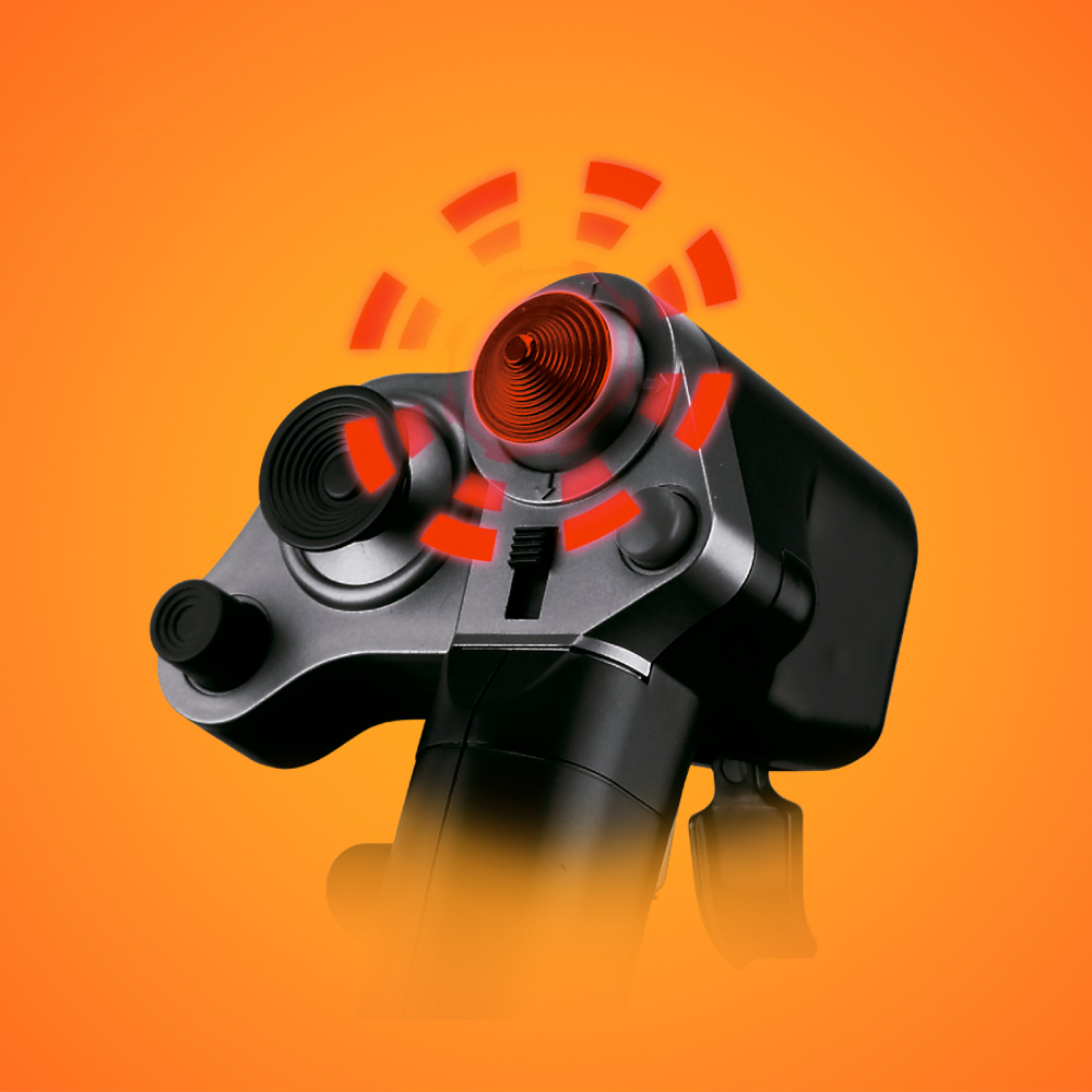 Joystick de juego con detalles rojos. Es negro y tiene una luz roja.