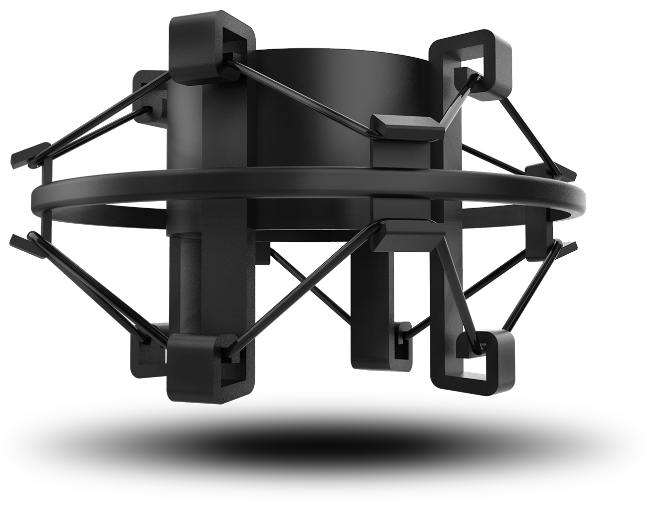 Czarny uchwyt antywstrząsowy do mikrofonu z cylindrycznym korpusem i systemem zawieszenia, na białym.