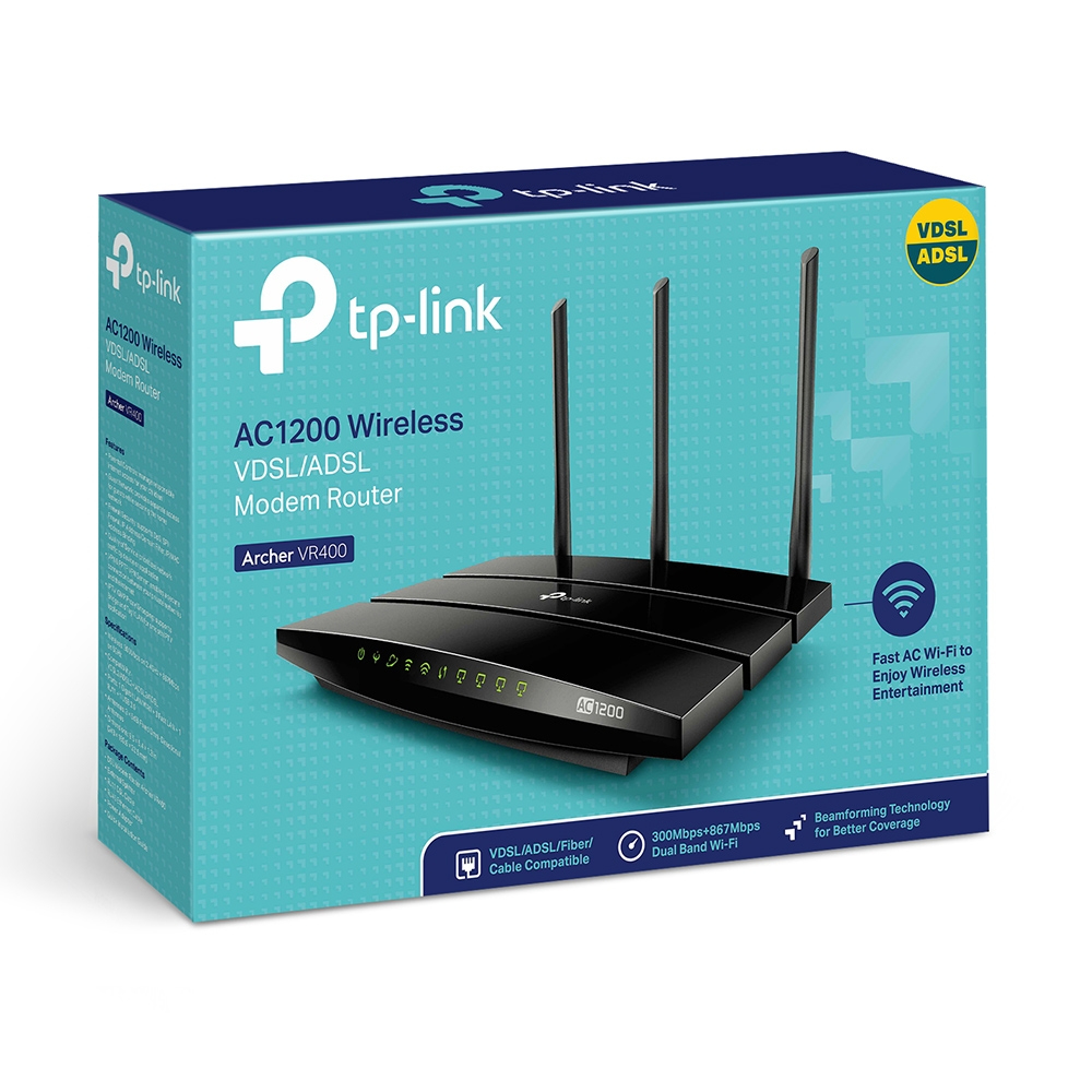 Router modem bezprzewodowy TP-Link AC1200 w pudełku. Białe tło.