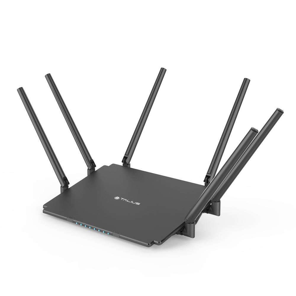 Czarny router z wieloma antenami wystającymi z jego powierzchni.