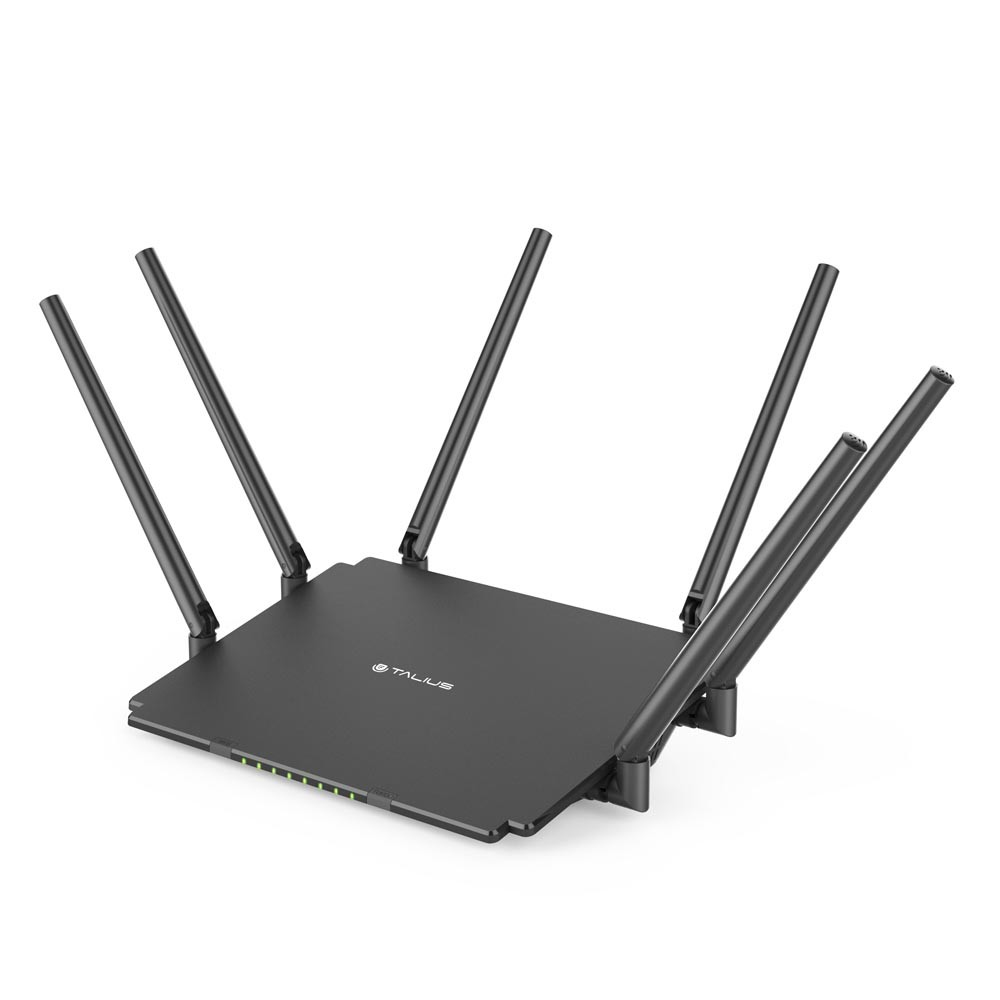 Czarny router z sześcioma antenami. Router jest na białej powierzchni.
