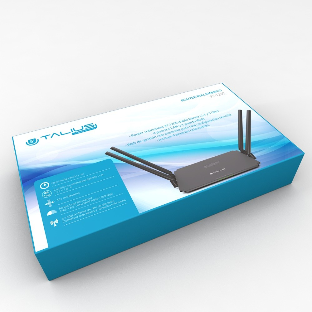 Pudełko routera z routerem i antenami. Ma tekst w języku hiszpańskim oraz niebieskie i białe kolory.