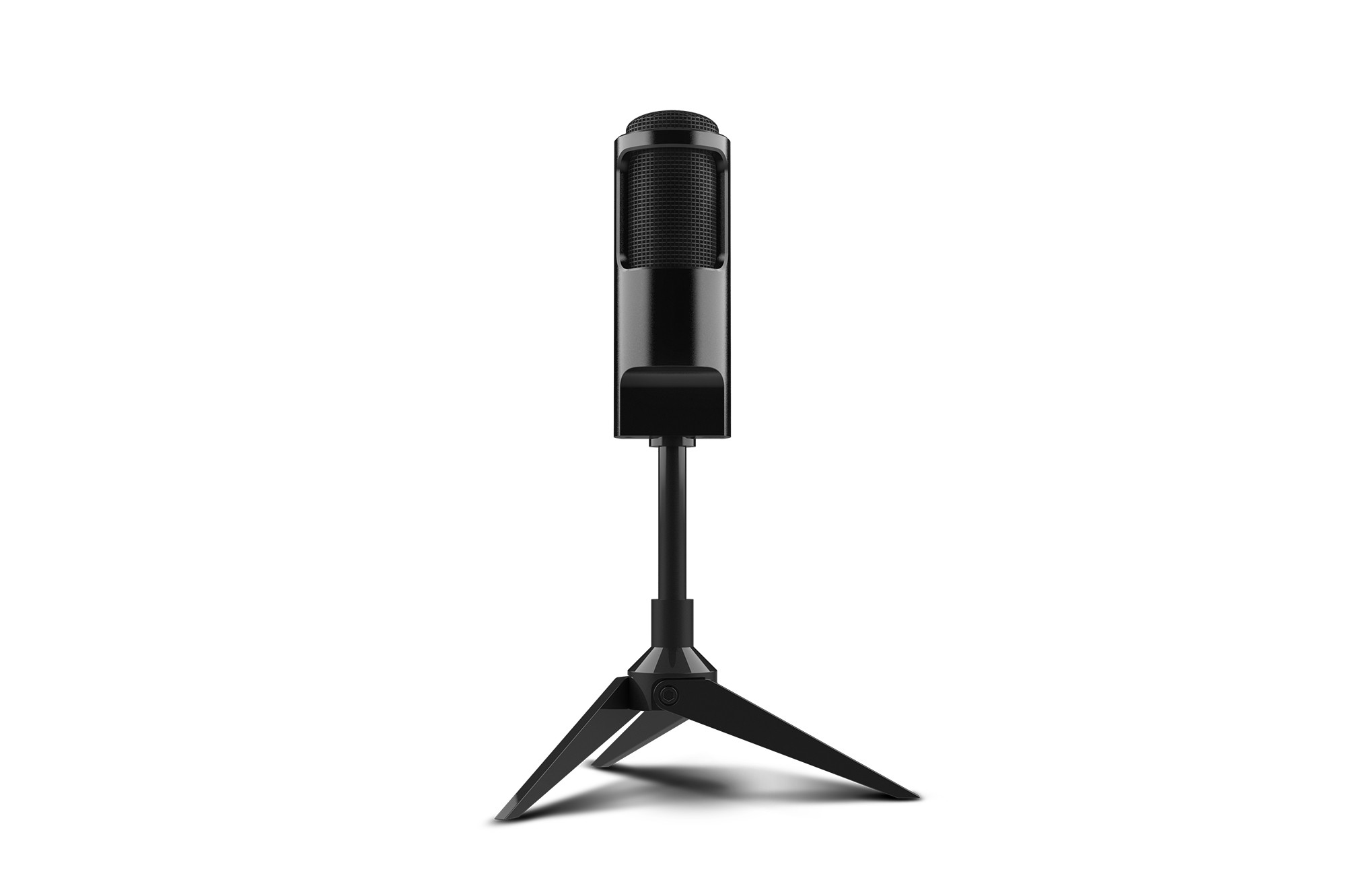 Czarny mikrofon na czarnym statywie. Mikrofon ma siatkową osłonę.