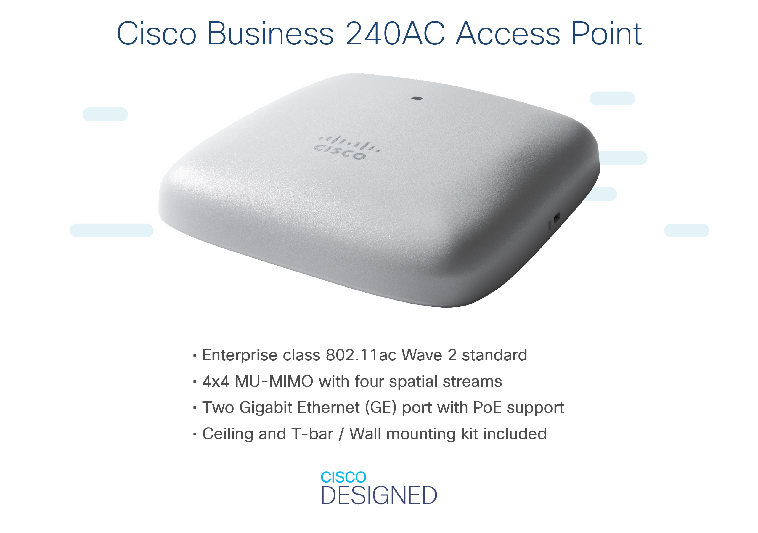 Biały punkt dostępu Cisco Business z tekstem i niebieskim tłem.
