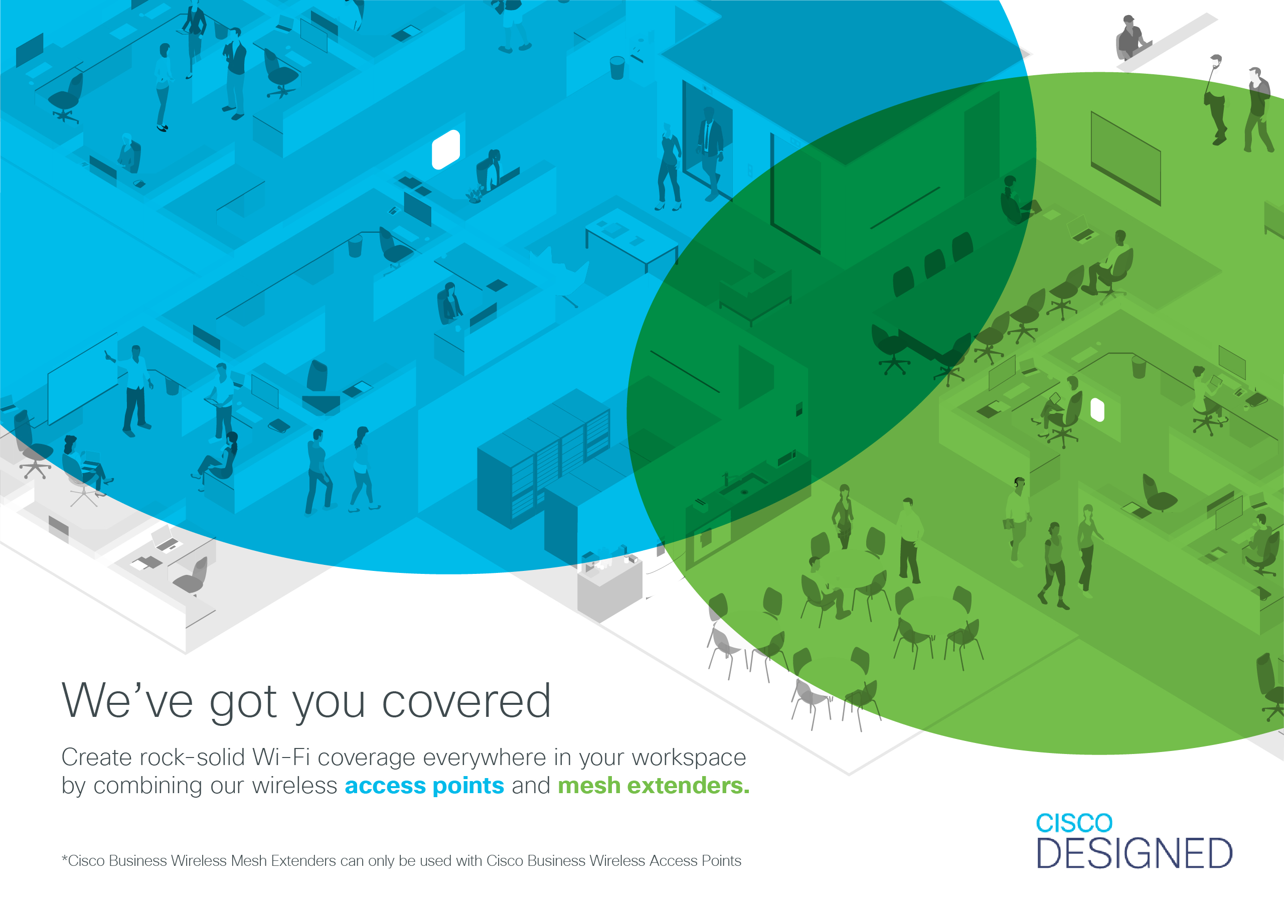 Izometryczna scena biurowa z ludźmi, niebieskimi i zielonymi strefami, tekst: Mamy Cię, Cisco.