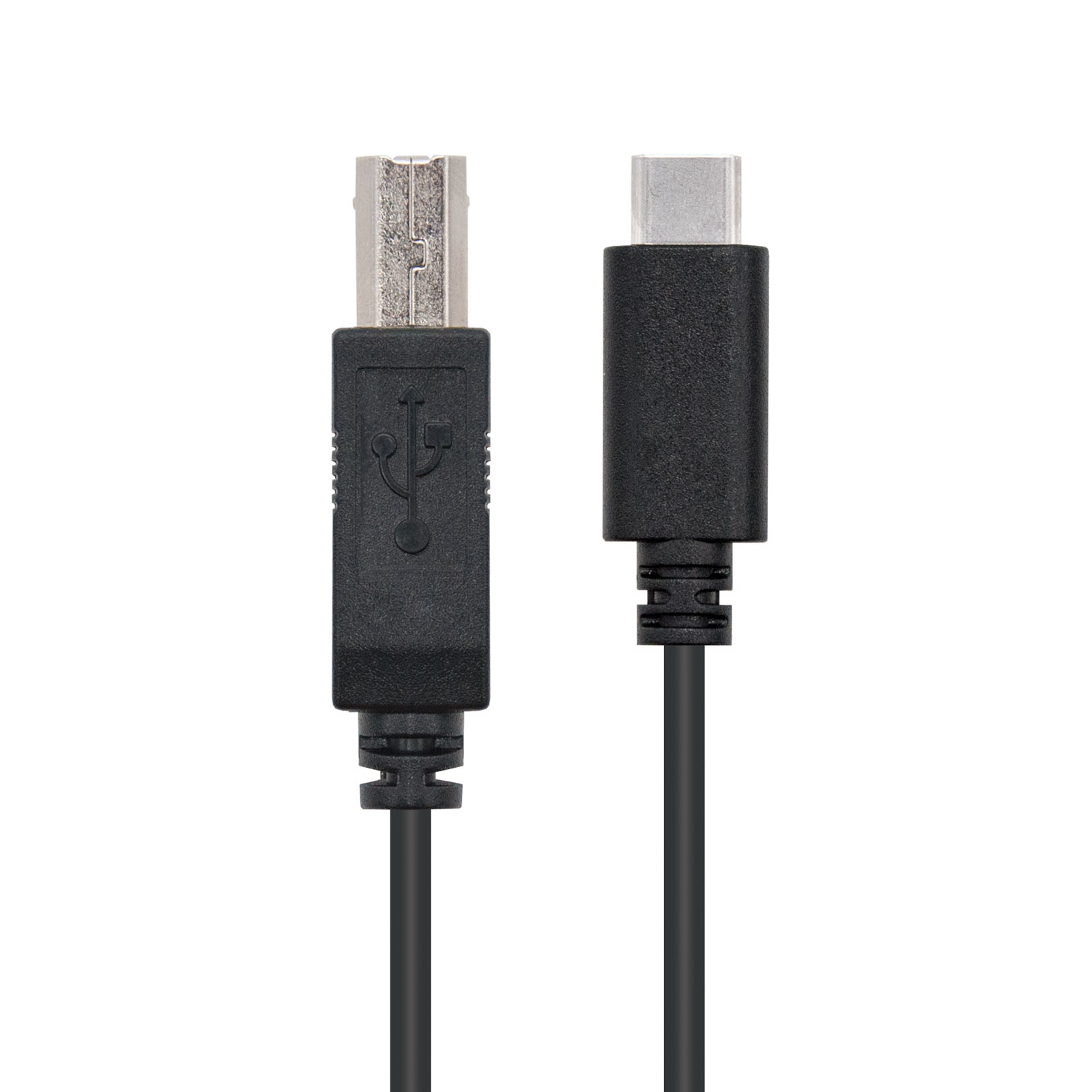 Un cavo USB nero. Un'estremità è USB-B, l'altra è USB-C. Entrambi sono connettori maschio.