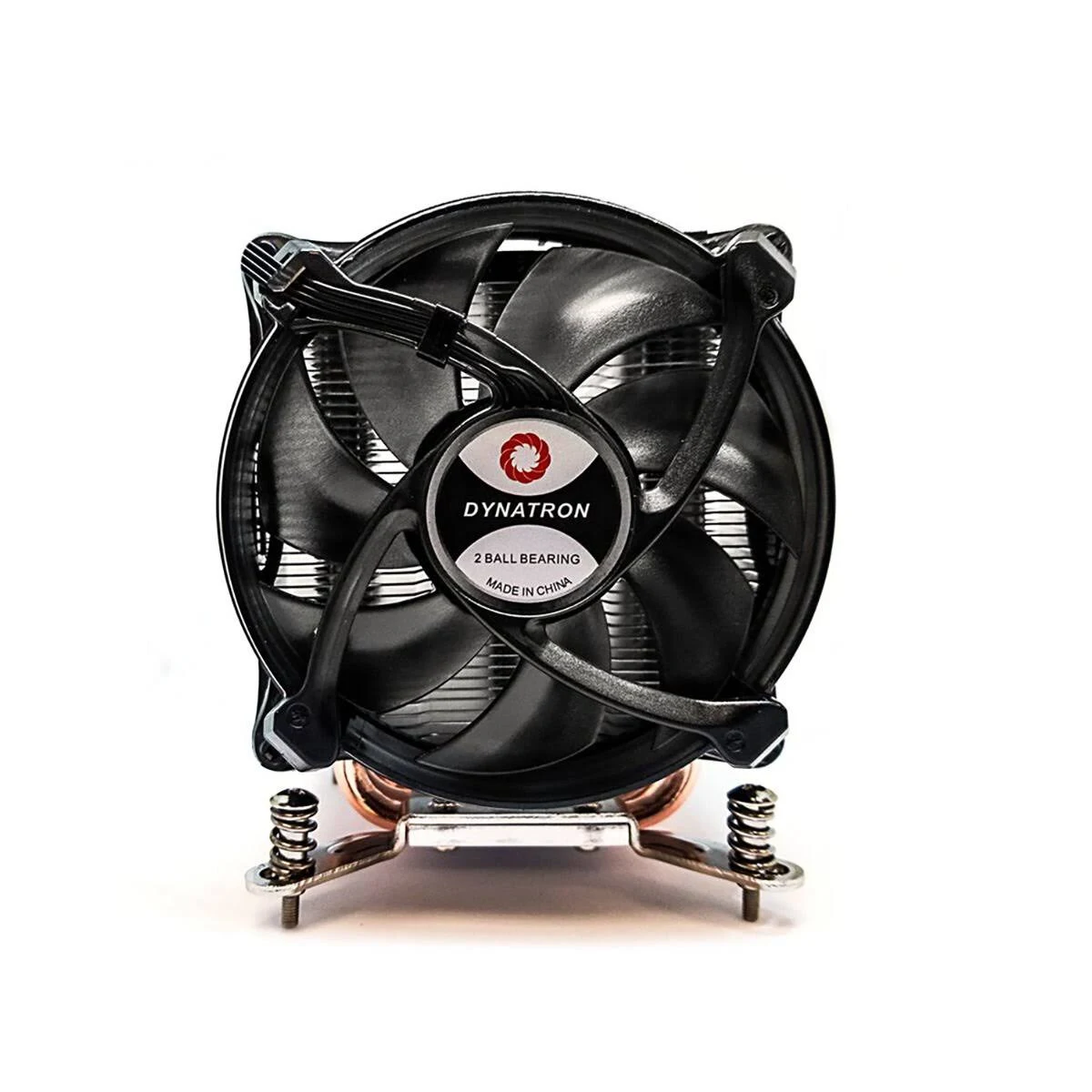Wentylator komputerowy z czarnym wentylatorem, radiatorem i logo Dynatron na białym tle.