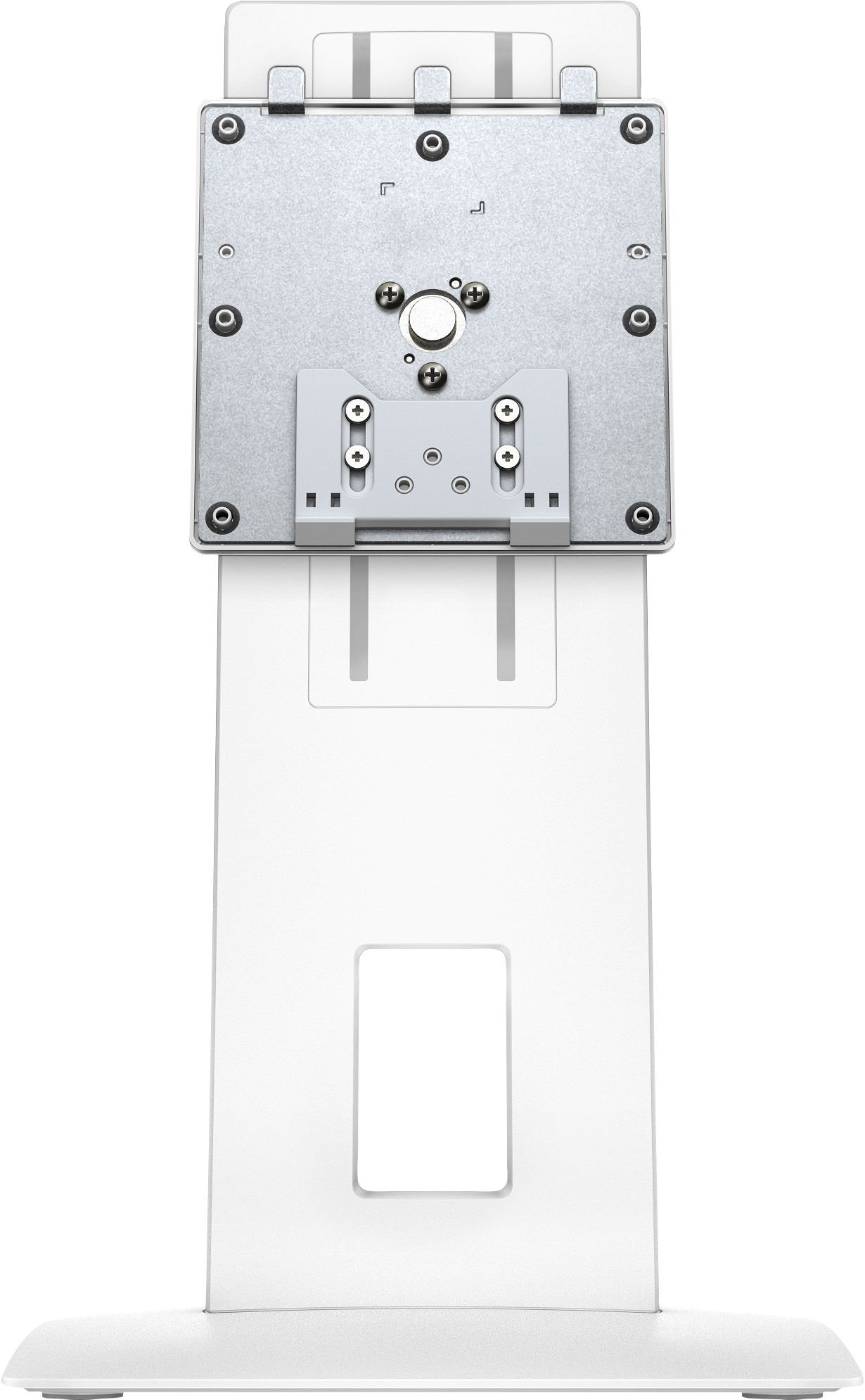 Biały stojak na monitor ze srebrną płytą montażową i prostokątnym wycięciem w podstawie, na białym tle.