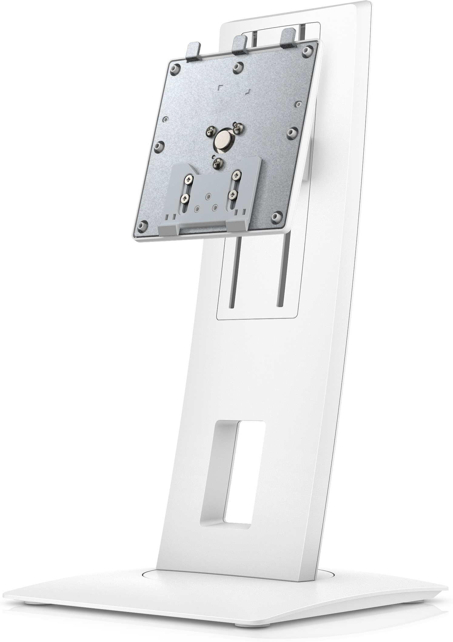 Biały stojak na monitor, pod kątem, ze srebrną płytą montażową i prostokątnym wycięciem, na białym tle.