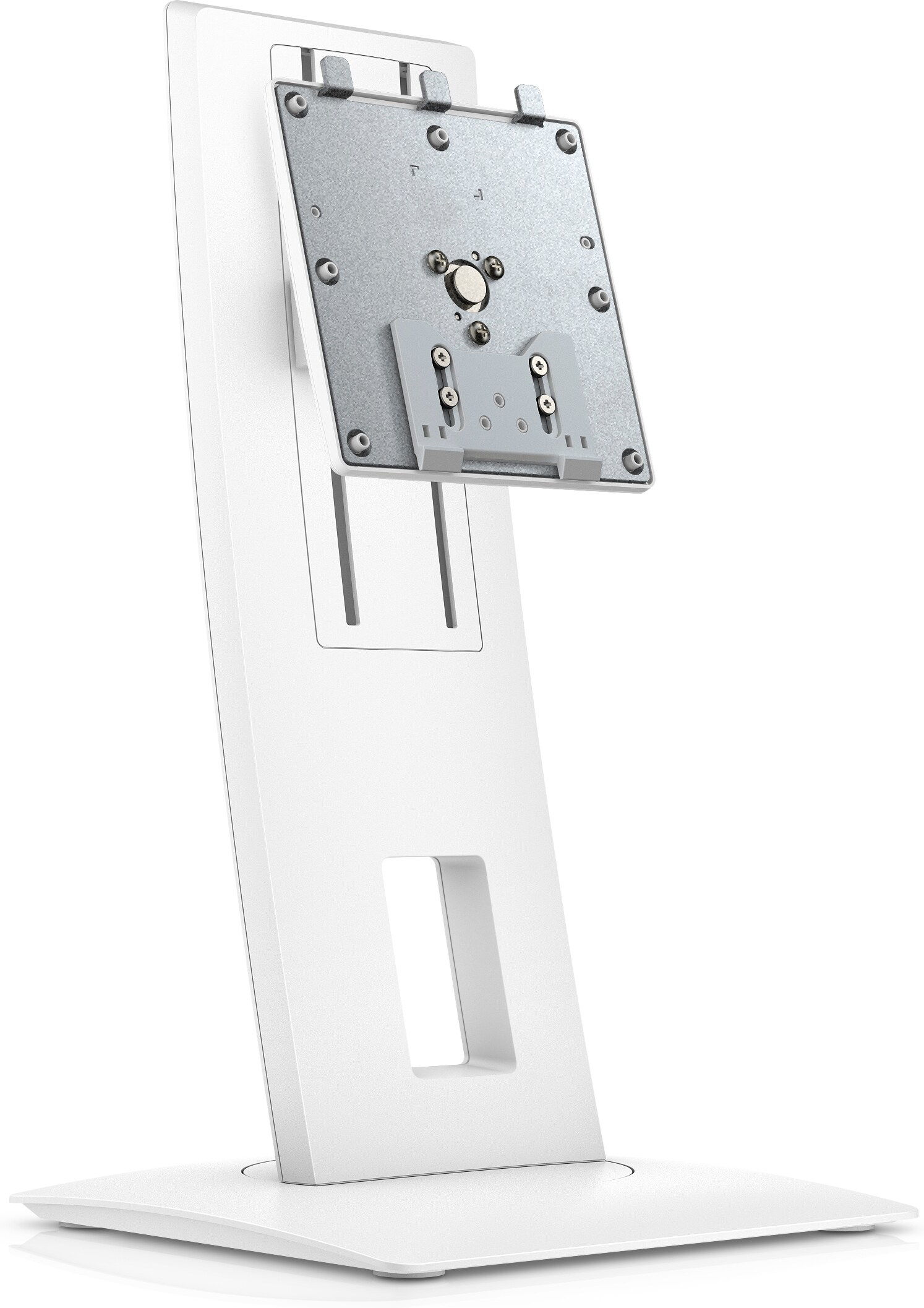 Biały stojak na monitor, pod kątem, ze srebrną płytą montażową i prostokątnym wycięciem, na białym tle.
