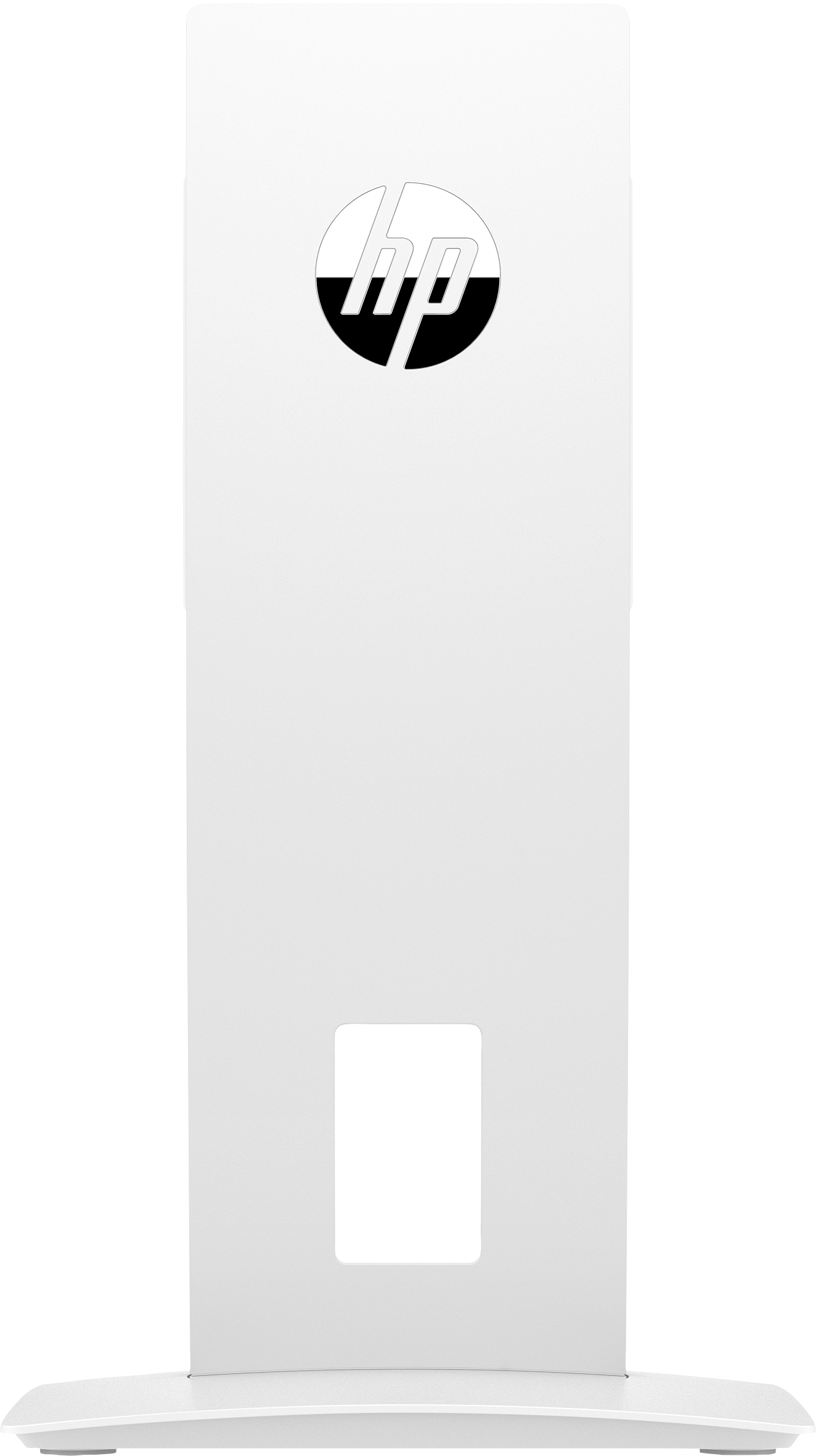 Biały stojak na monitor z logo HP na górze i prostokątnym wycięciem w podstawie, na białym tle.
