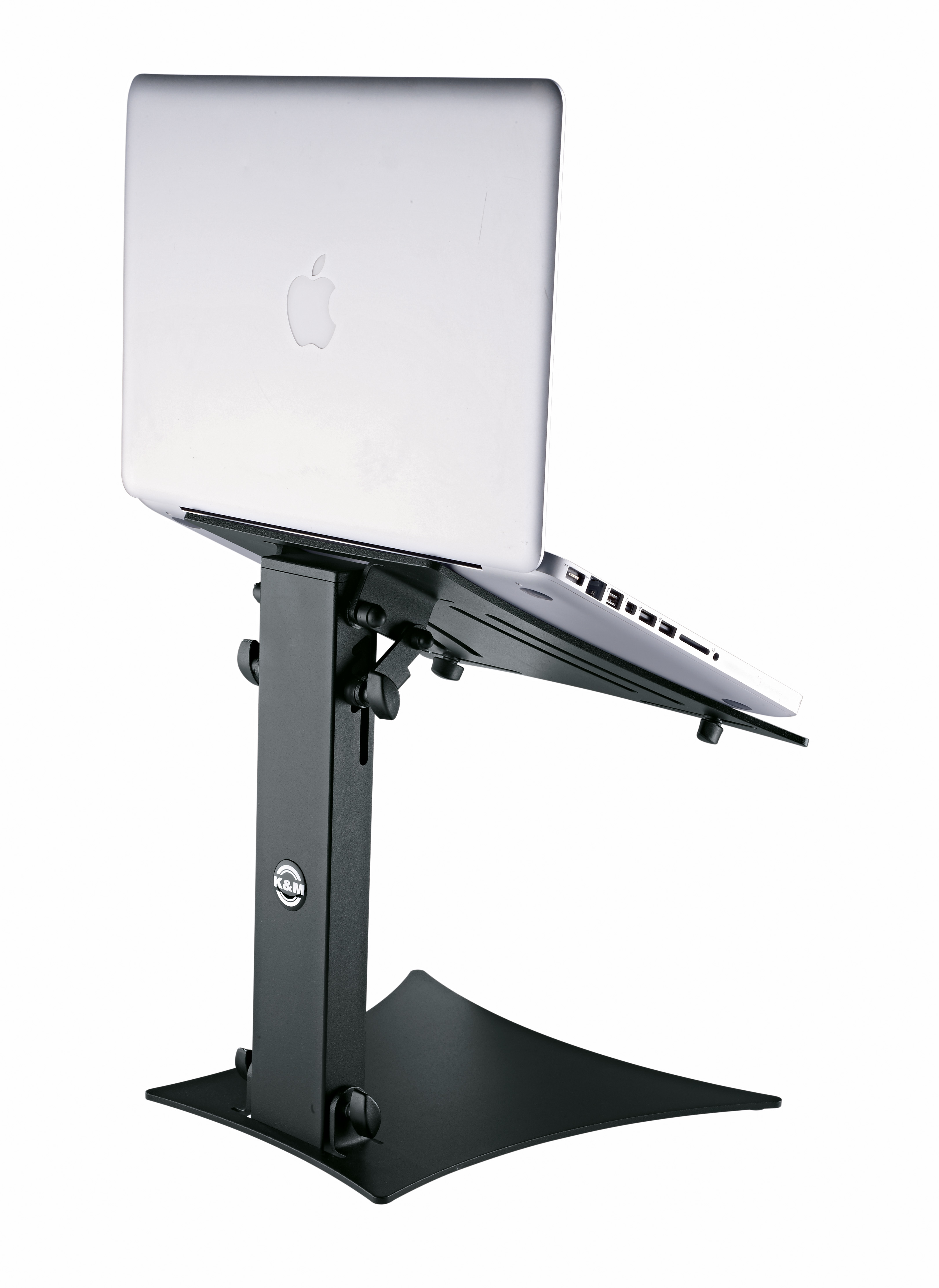 Schwarzer Laptop-Ständer mit einem schwarzen Apple-Laptop. Er hat eine geschwungene Basis.