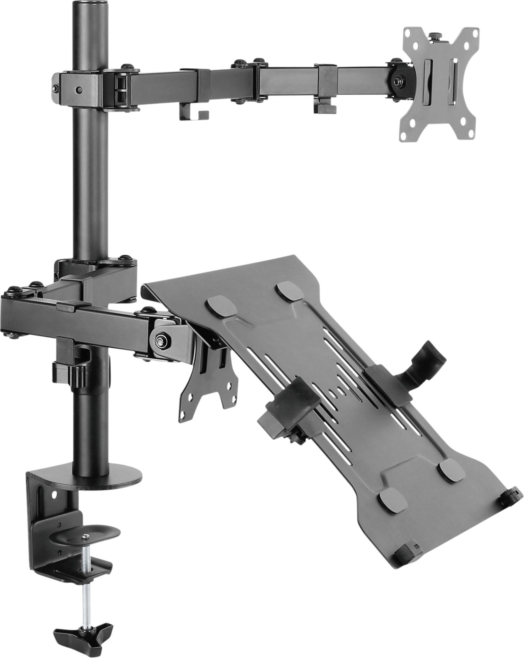 Braccio per monitor nero con supporti per laptop e monitor. Isolato su sfondo bianco.