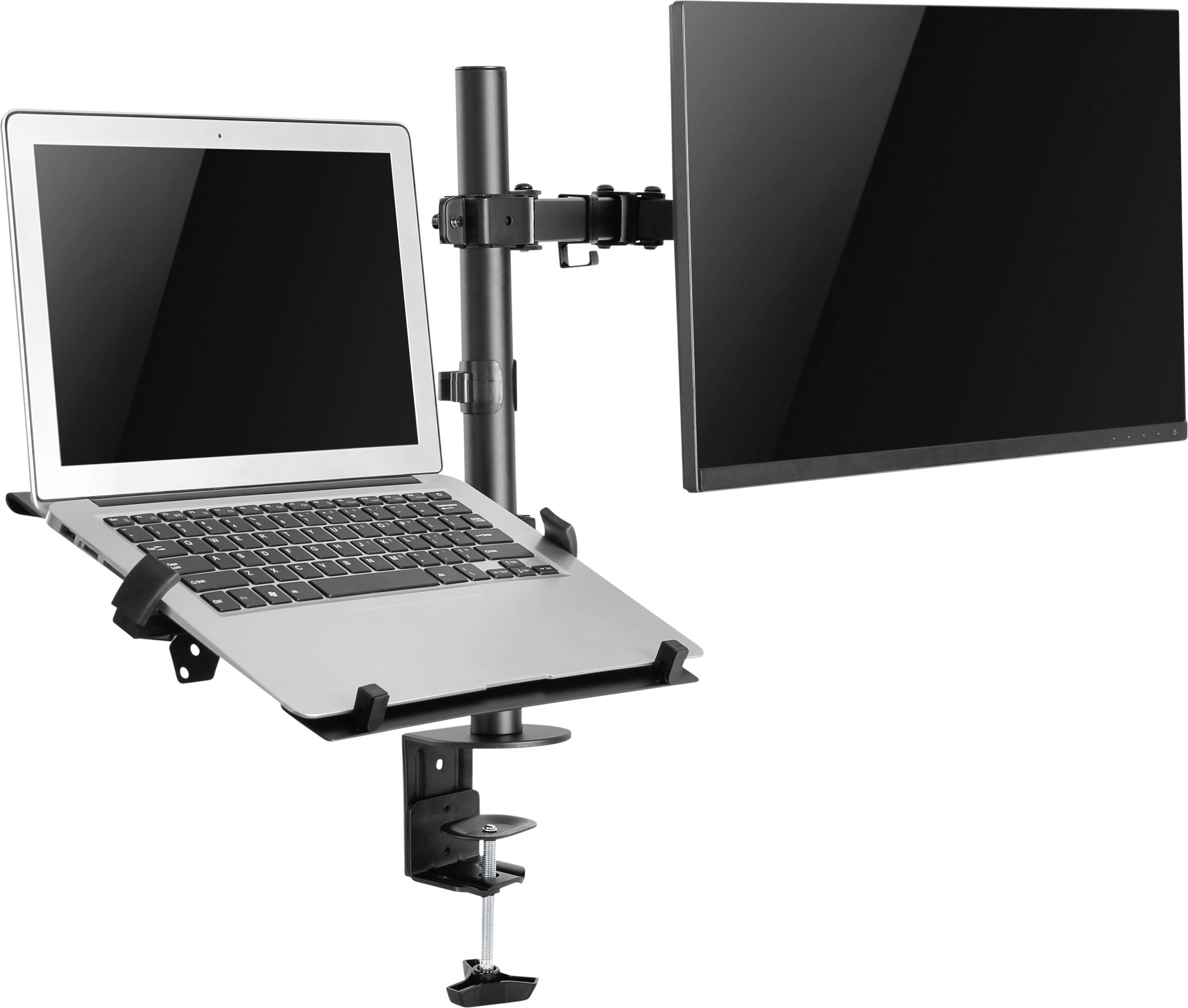 Laptop e monitor collegati a un braccio monitor. Colori nero e argento.