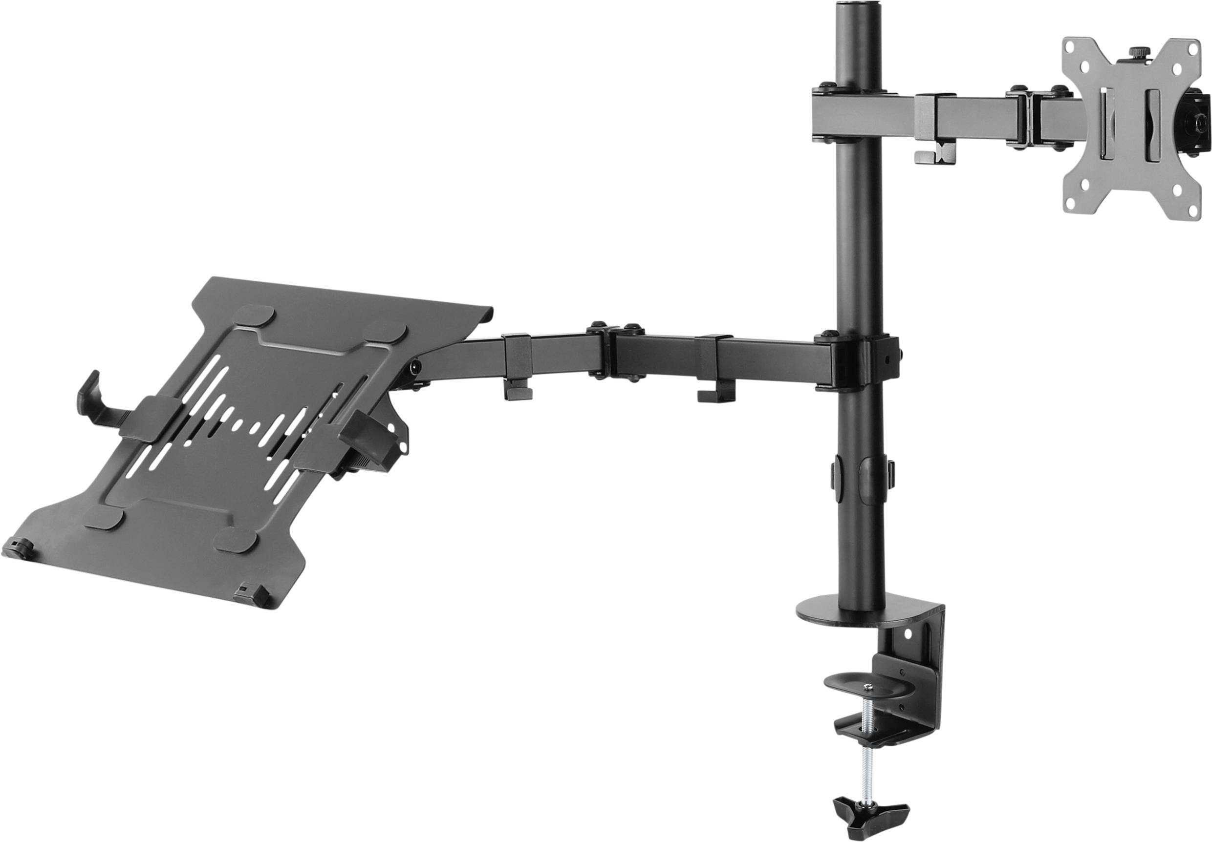 Braccio per monitor nero con supporto per laptop e monitor. Isolato su sfondo bianco.
