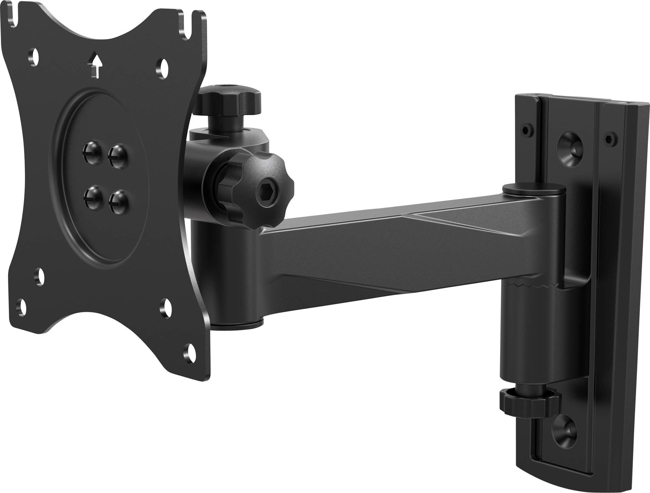 Schwarze Monitorhalterung mit verstellbarem Arm, an einer Wand montiert. Weißer Hintergrund.