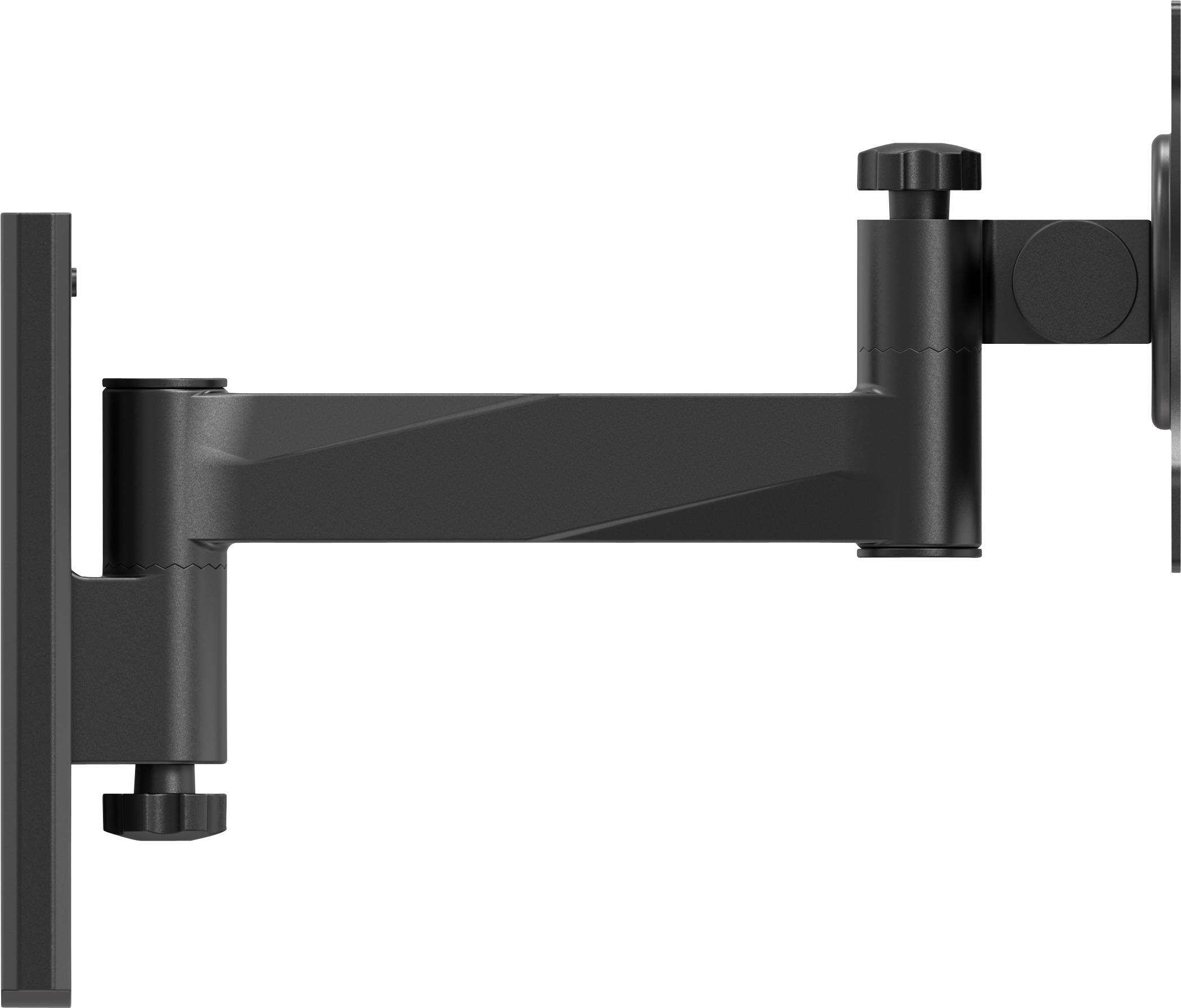 Schwarze Monitorhalterung mit verstellbarem Arm, an einer Wand montiert. Weißer Hintergrund.