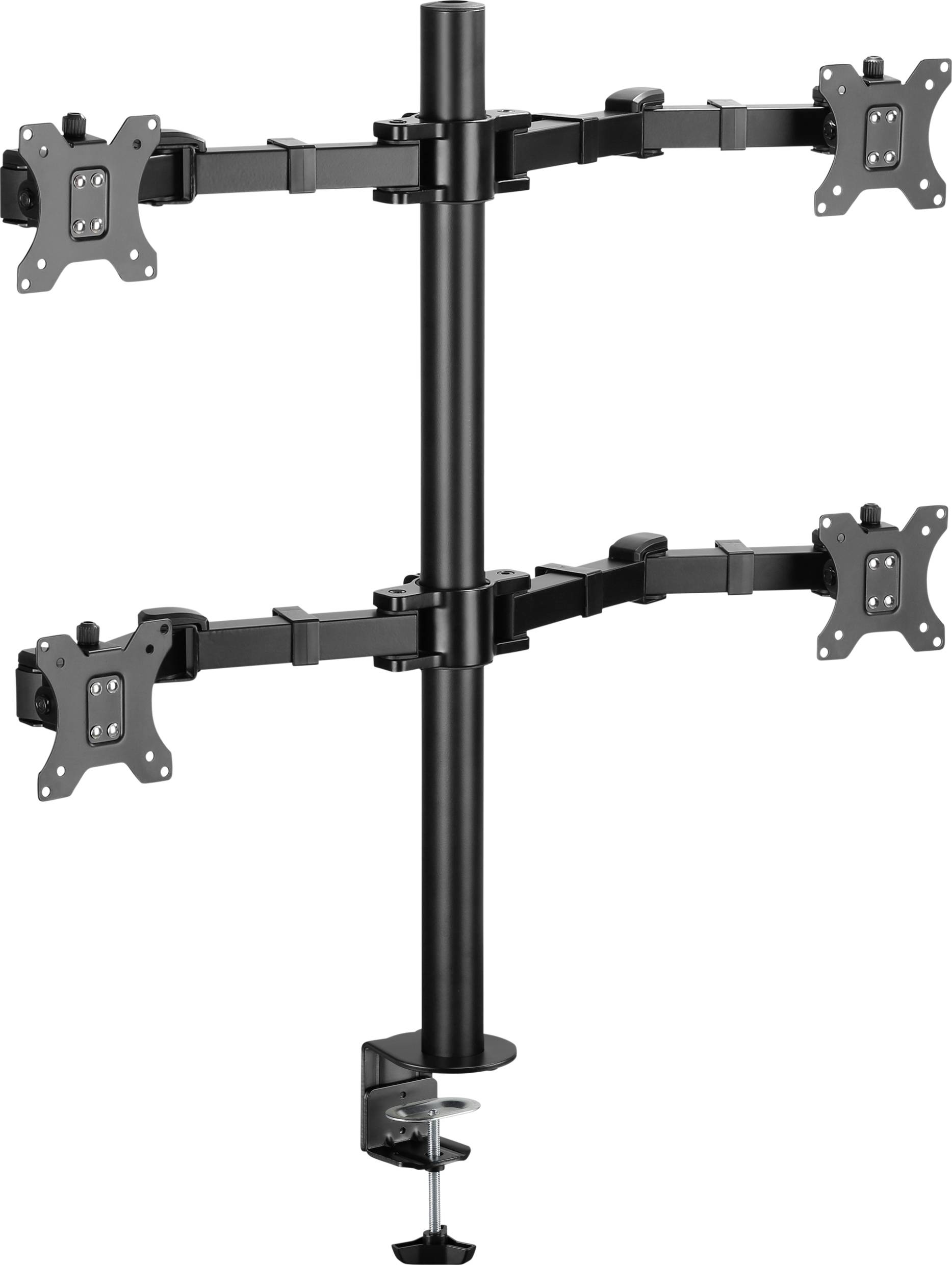 Supporto doppio monitor nero, con due bracci ciascuno. Base a morsetto nera. Sfondo bianco.