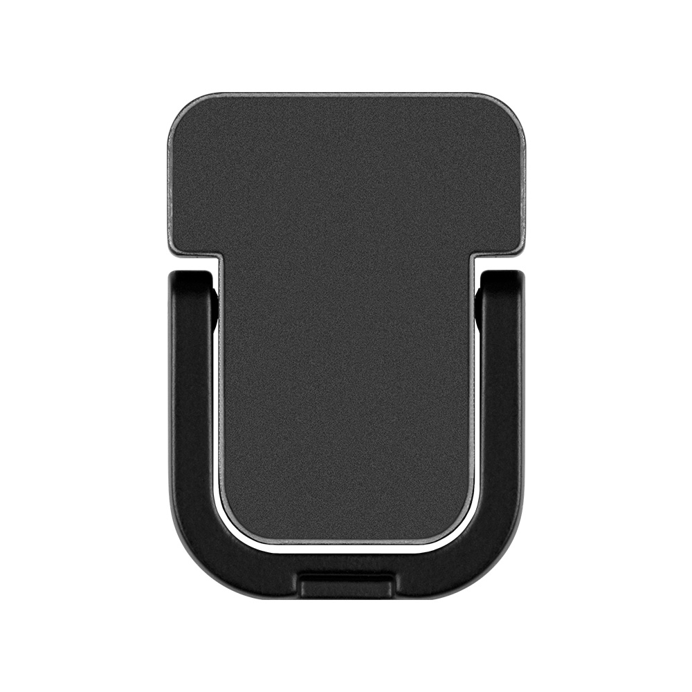 Black phone holder. Square top with gray surface. U-shaped bottom. White background.