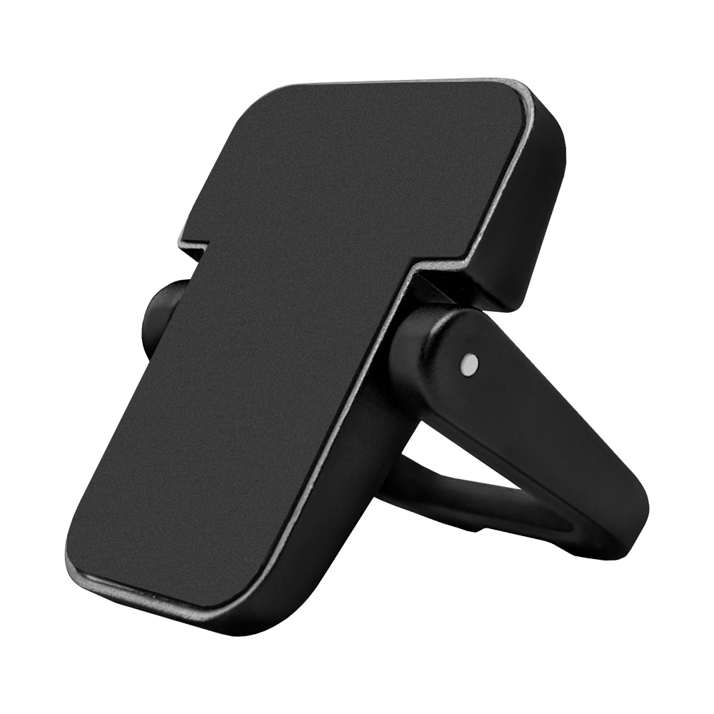 Black phone holder, angled open. Rectangular top, U-shaped bottom, white background.