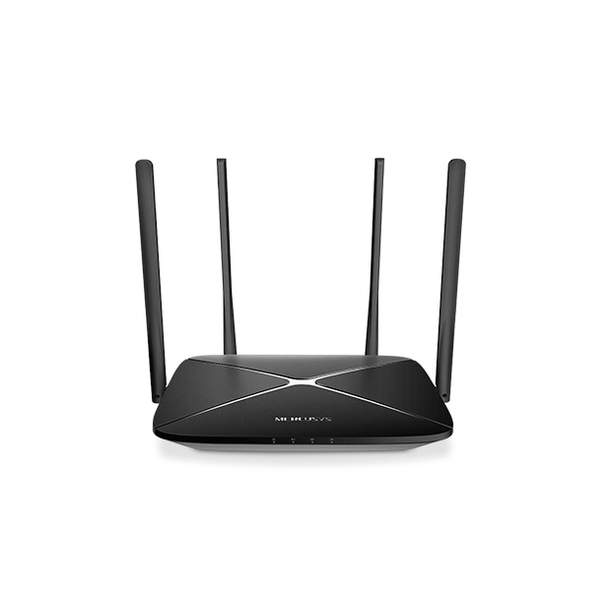 Zwarte router met vier antennes. De merknaam staat op de voorkant.