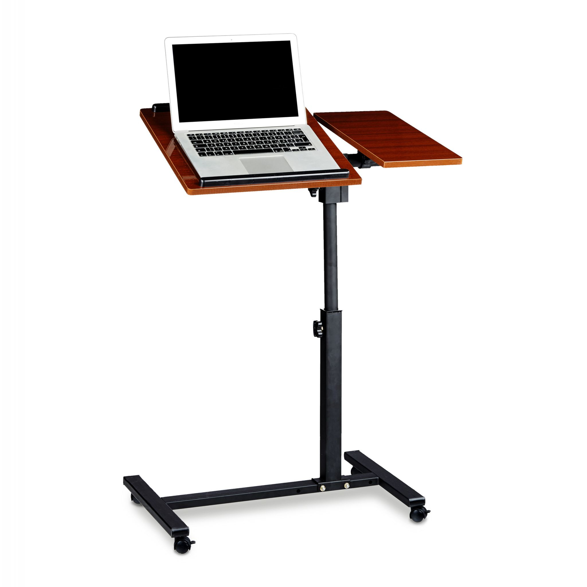 Rollbarer Laptop-Schreibtisch mit Laptop. Braune Holzflächen und schwarze Basis.
