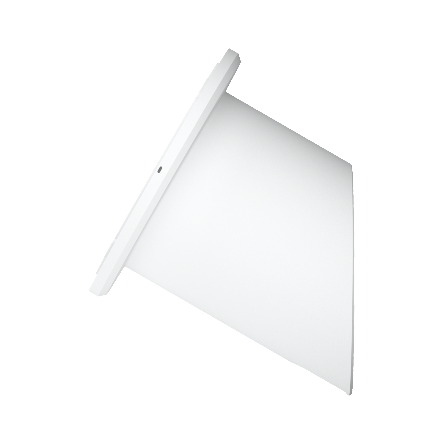 Un appareil blanc, incliné. Il a un dessus rectangulaire et un corps trapézoïdal, avec une petite ouverture.