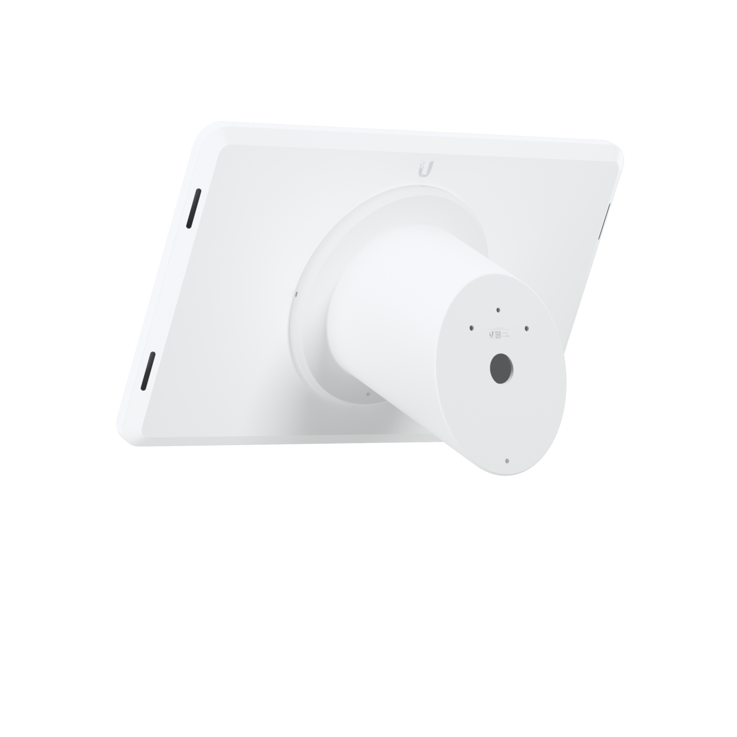 Tablette blanche avec support cylindrique blanc. La tablette est carrée avec fixation circulaire.