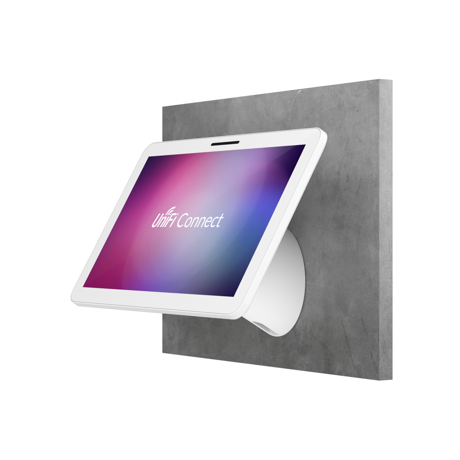 Une tablette blanche montée sur un mur gris. Les mots 'Unifi Connect' sont visibles sur la tablette.