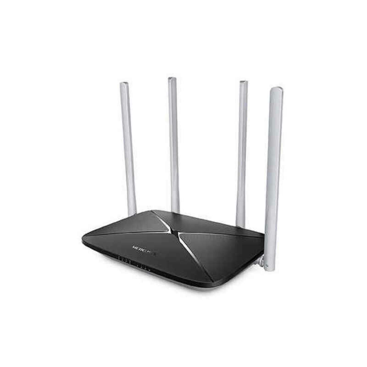 Czarny router z 4 antenami. Ma elegancki wygląd i jest umieszczony na białym tle.