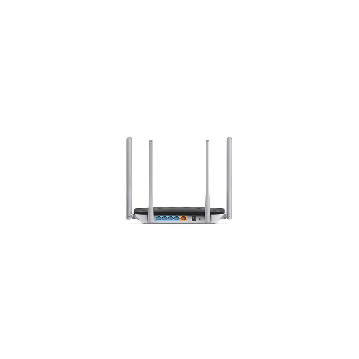 Router z 4 antenami. Router jest czarny i ma porty z tyłu.