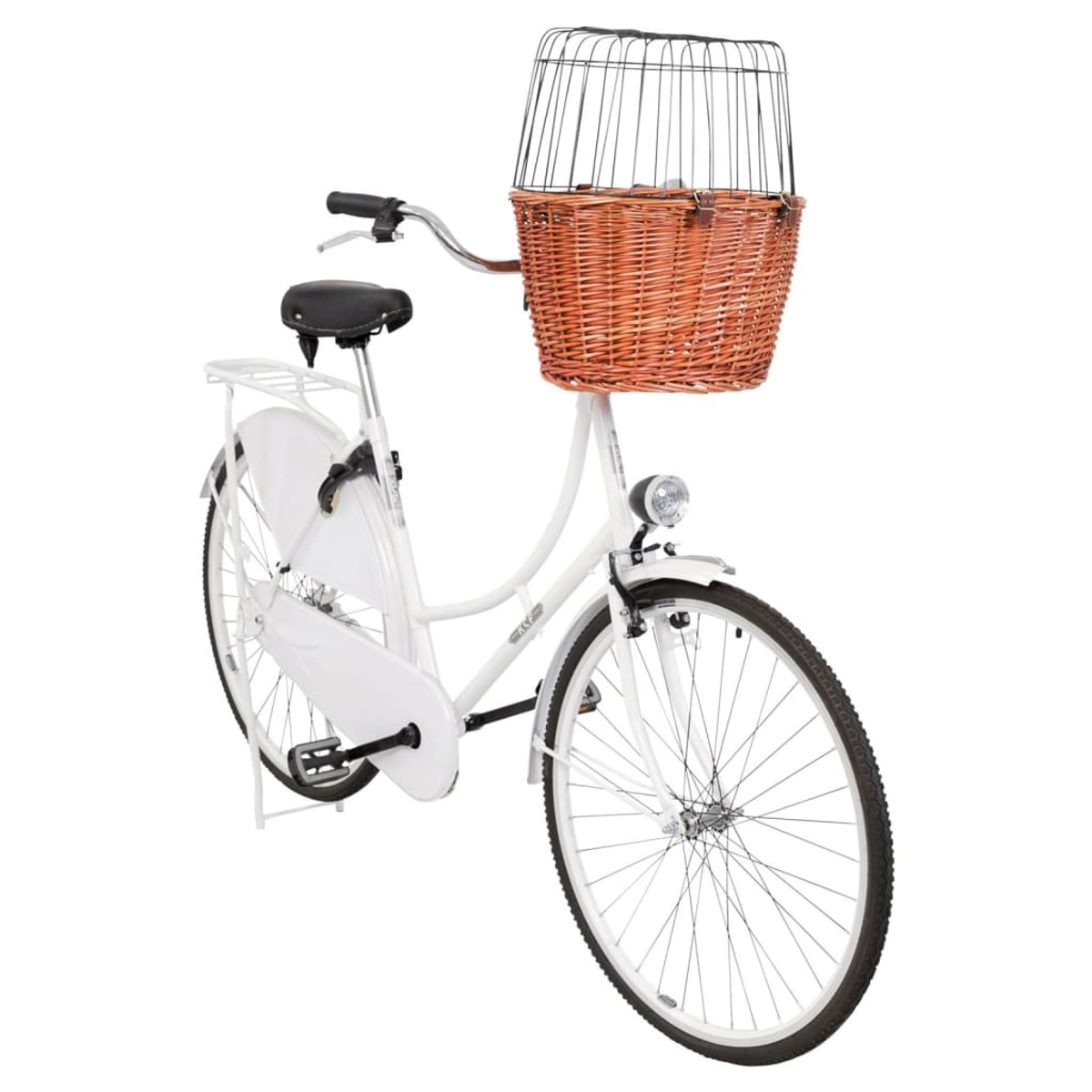 Biały rower z wiklinowym koszem i czarnymi oponami.
