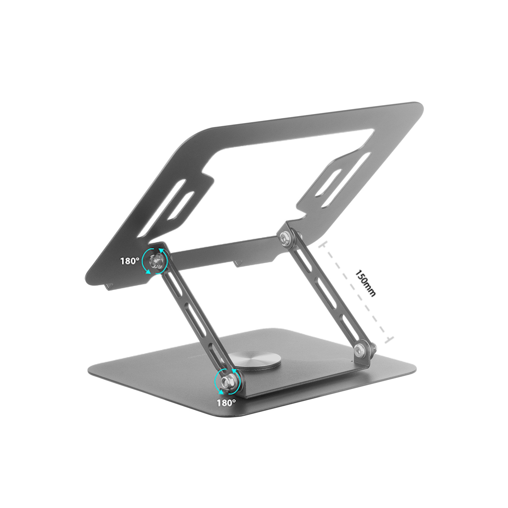Szary stojak na laptopa, regulowane kąty, pokazany pod kątem 180 stopni. Białe tło.