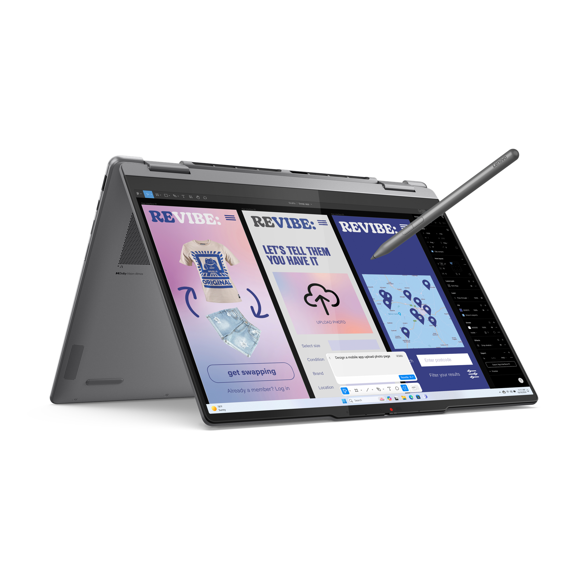 Laptop con schermo aperto, stilo, che mostra mockup di siti web.