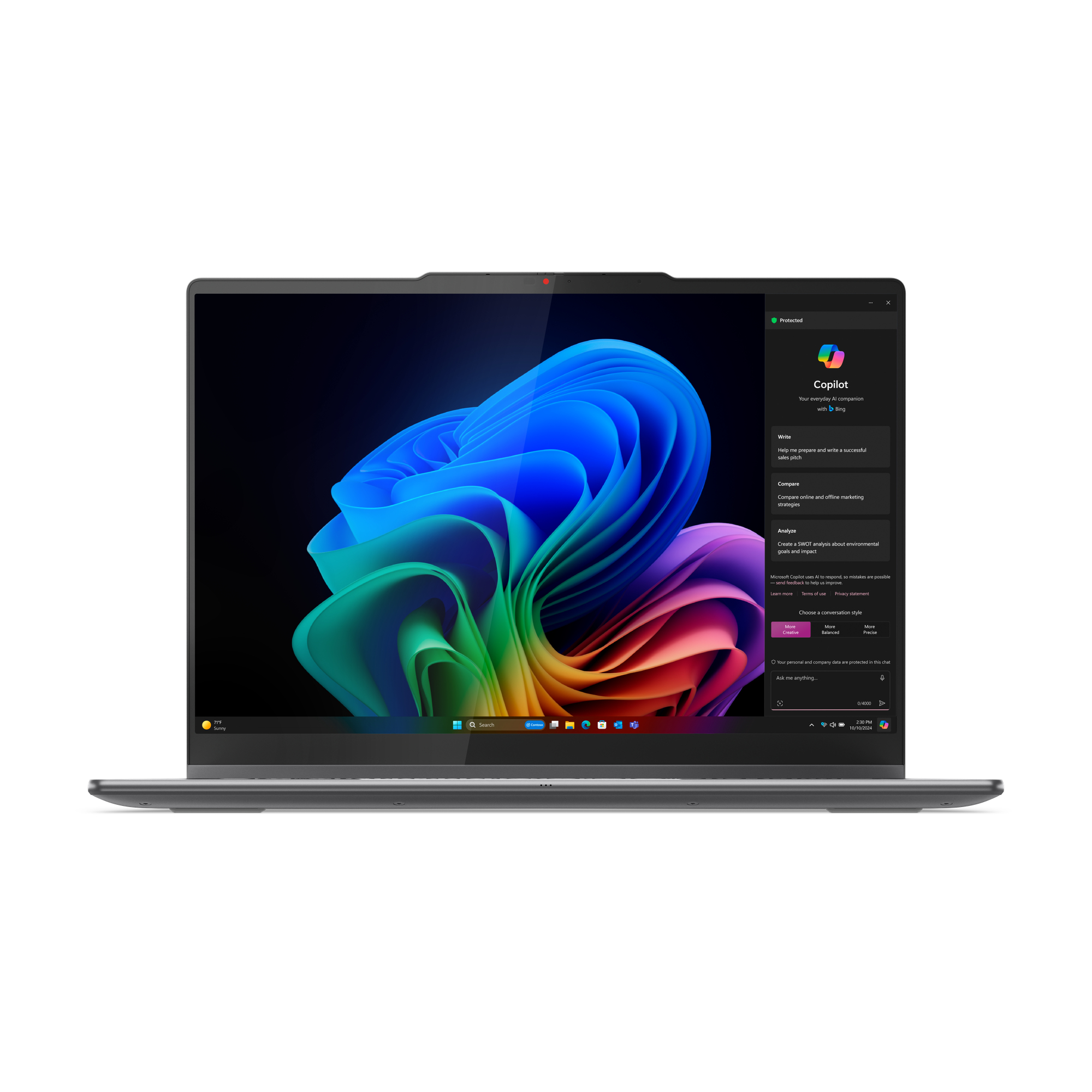 Laptop che mostra uno schermo colorato con la barra laterale di Copilot su una scrivania.