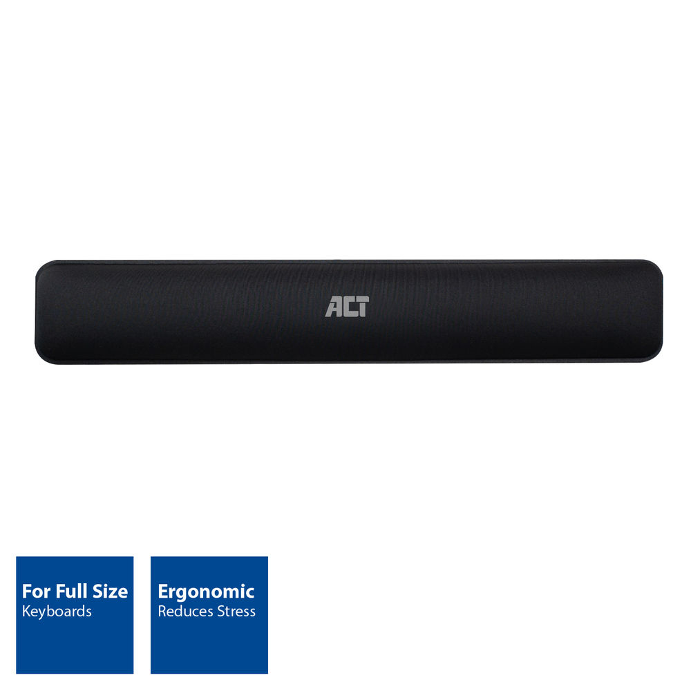 Black wrist rest with the brand ACT. Text on the bottom highlights its features.
