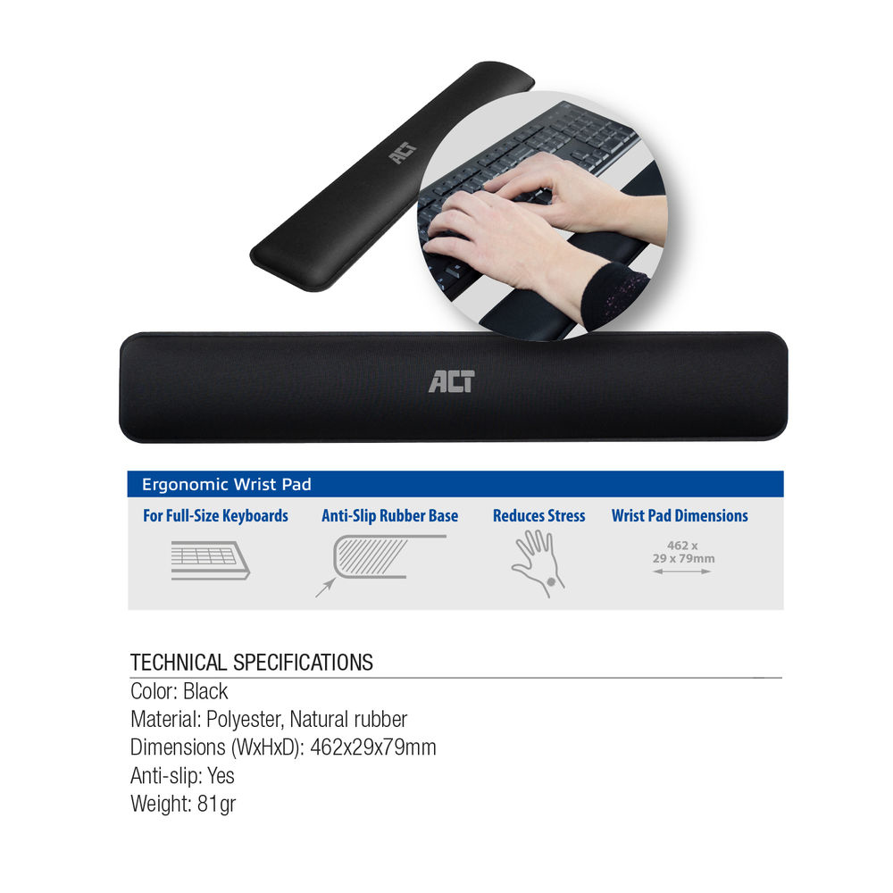 Black wrist pad with ACT branding. Includes specifications and a user's hands using it.