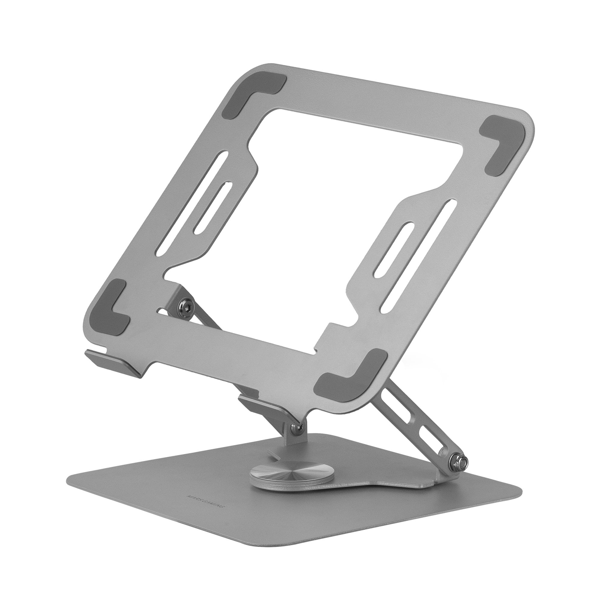 Un soporte para portátil plateado con ángulos ajustables. Se muestra sobre una superficie blanca.
