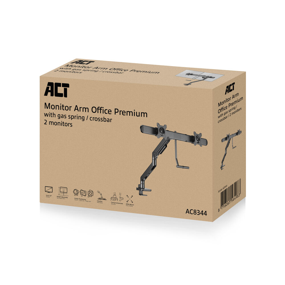 Doos met 'ACT Monitor Arm Office Premium'. Toont een monitorarm. Witte achtergrond.