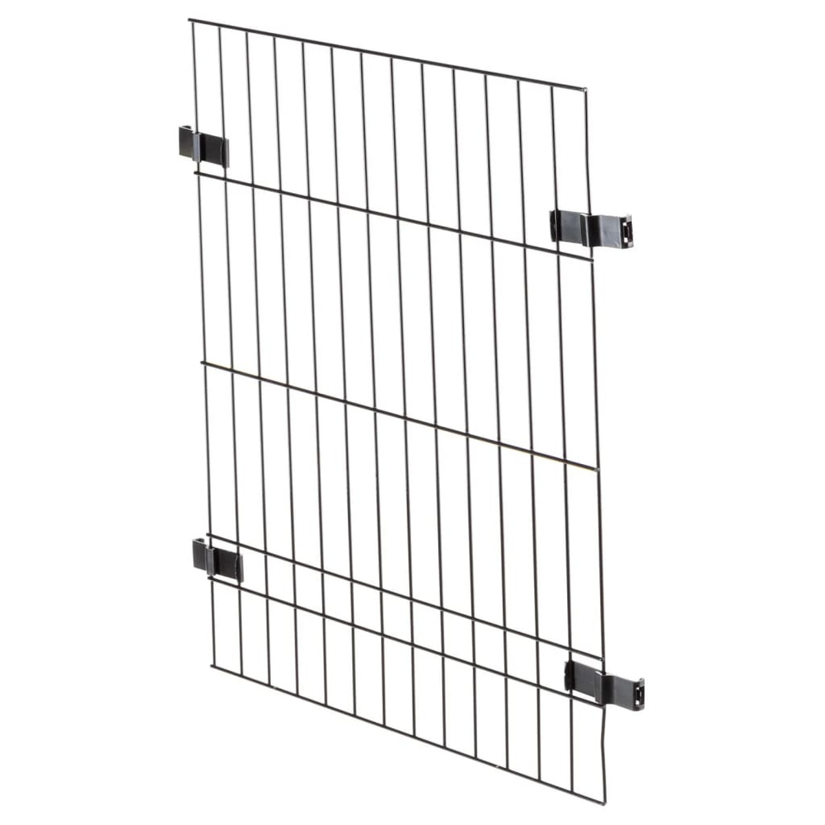 Metalowa brama dla zwierząt z wzorem siatki i czarnymi klipsami na białym tle.