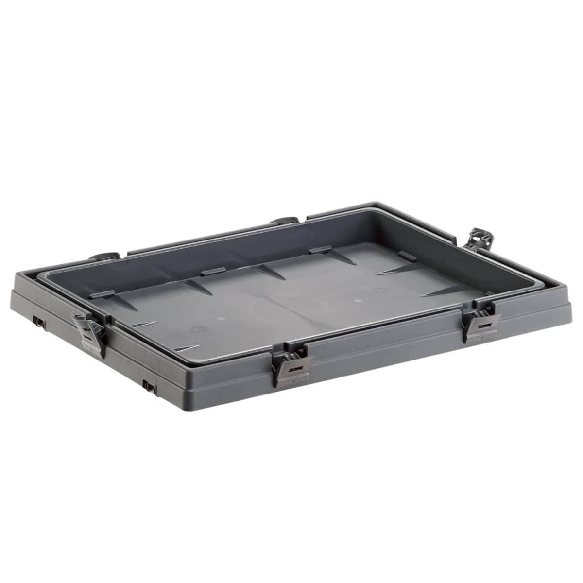 Szara plastikowa taca z pokrywą i zatrzaskami. Taca jest pusta.