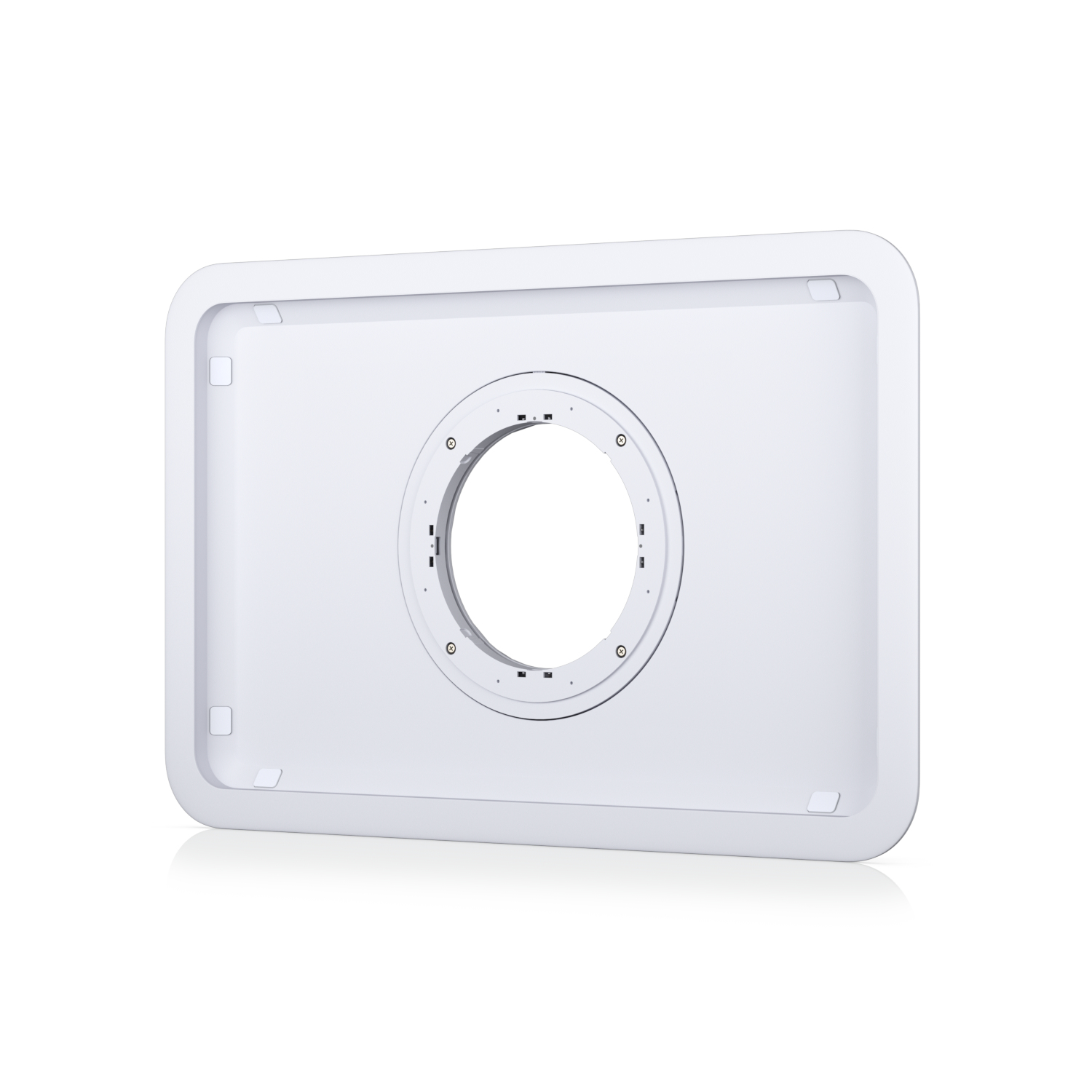 Appareil rectangulaire blanc avec ouverture circulaire centrée. Fond blanc.