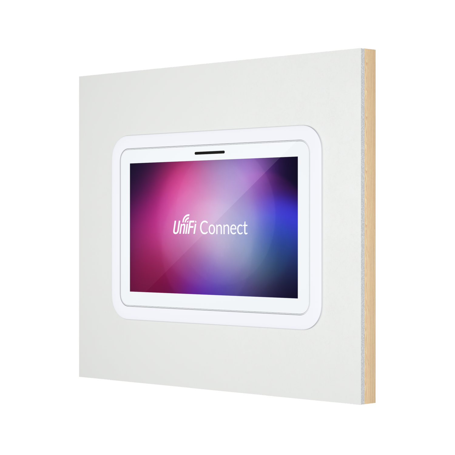 Tablette blanche avec 'Unifi Connect' sur l'écran, fixée au mur.